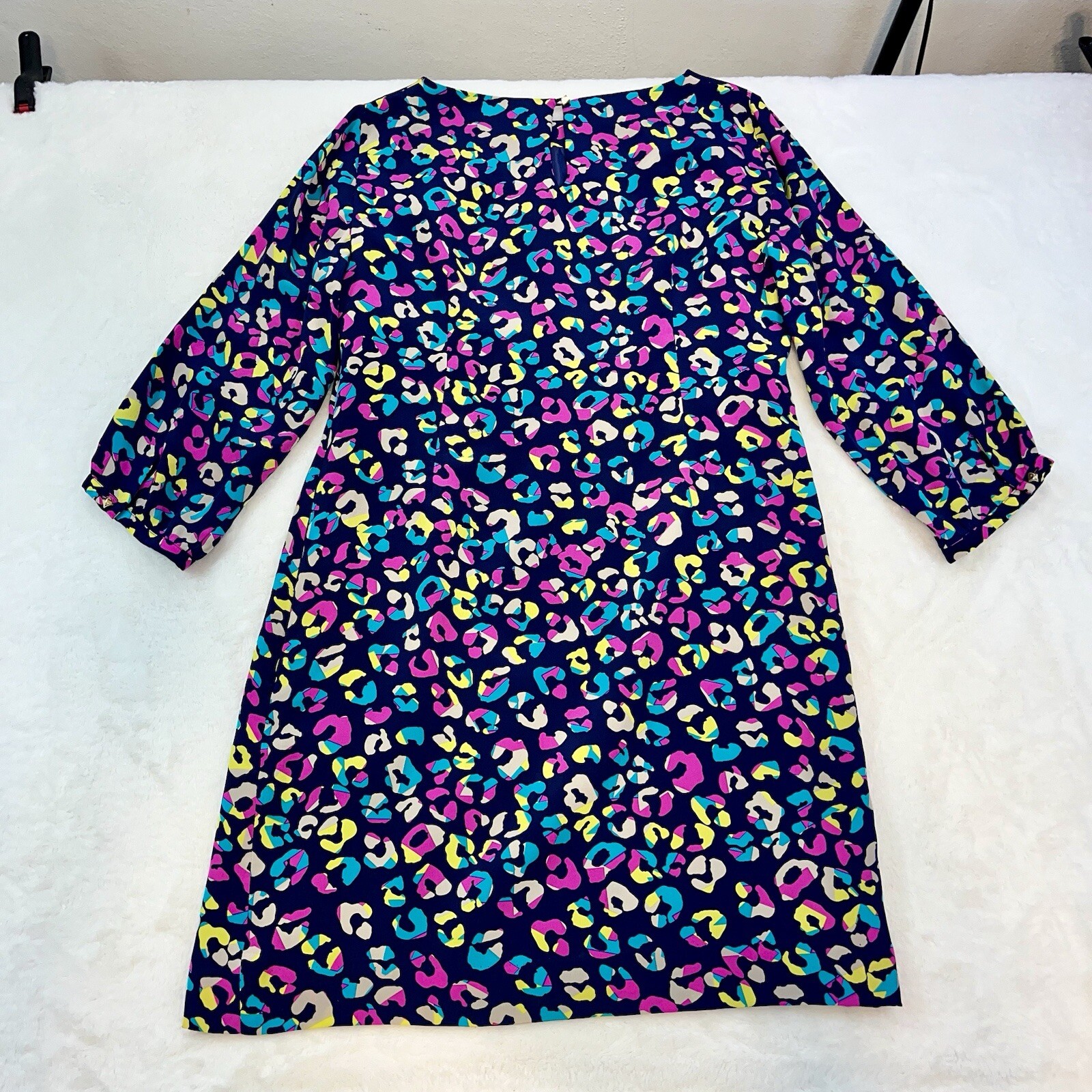 Britt Ryan Shift Dress Sz L Navy Leopard Multicolor 3/4 Slv 100% Silk Made In US