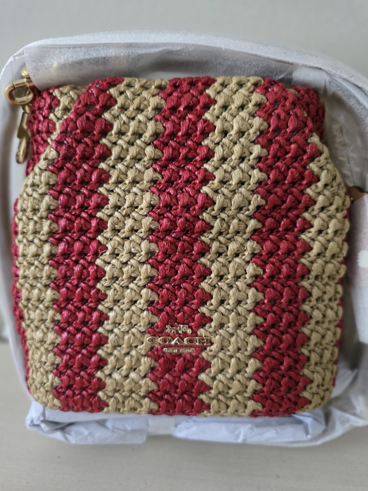 Coach Outlet Faye Mini Drawstring Bag – Stripe CEN17 IMZ1Y Red/Tan NWT
