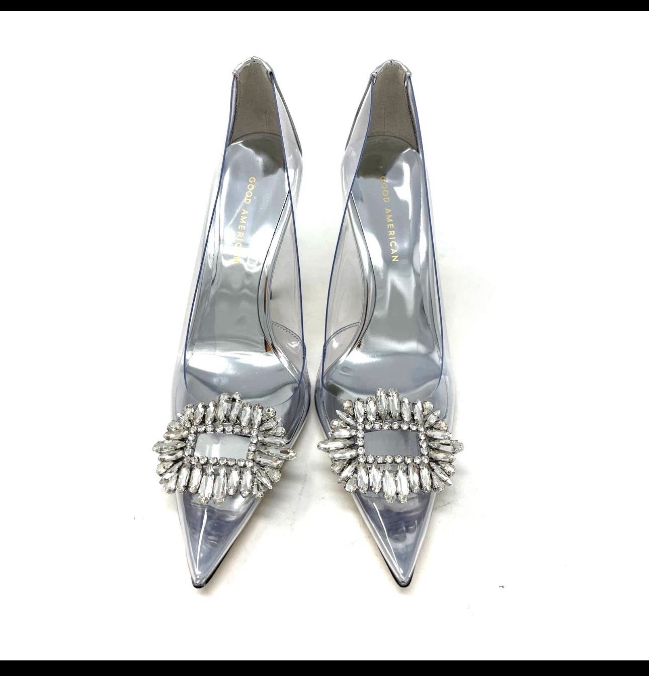 Good American Silver/Clear Leather Rhinestone Pointed Toe Stiletto Pumps 8