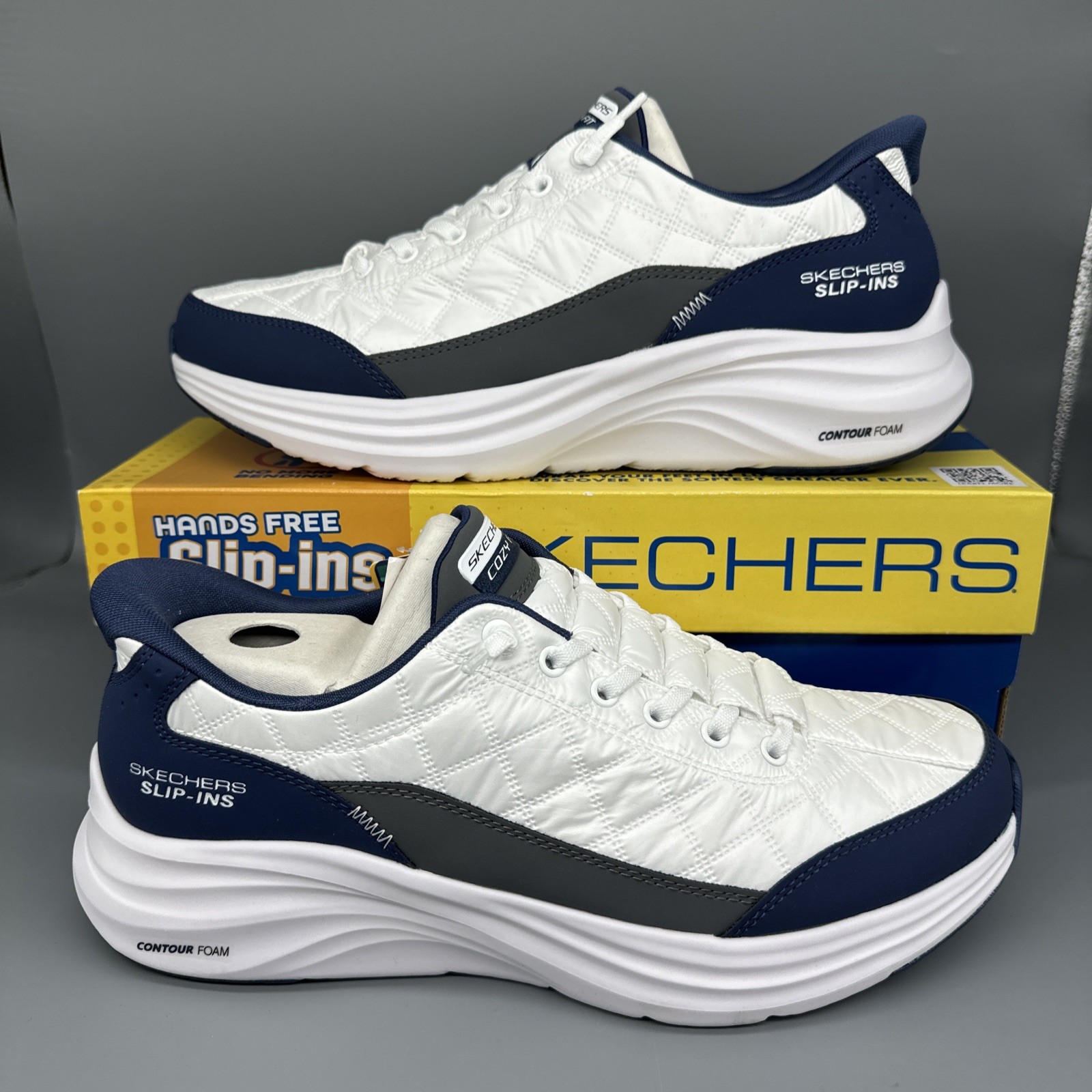 Skechers Slip-ins Shoes Men’s Sz 11.5 White/Navy Blue Hands Free Cozy Fit 232619