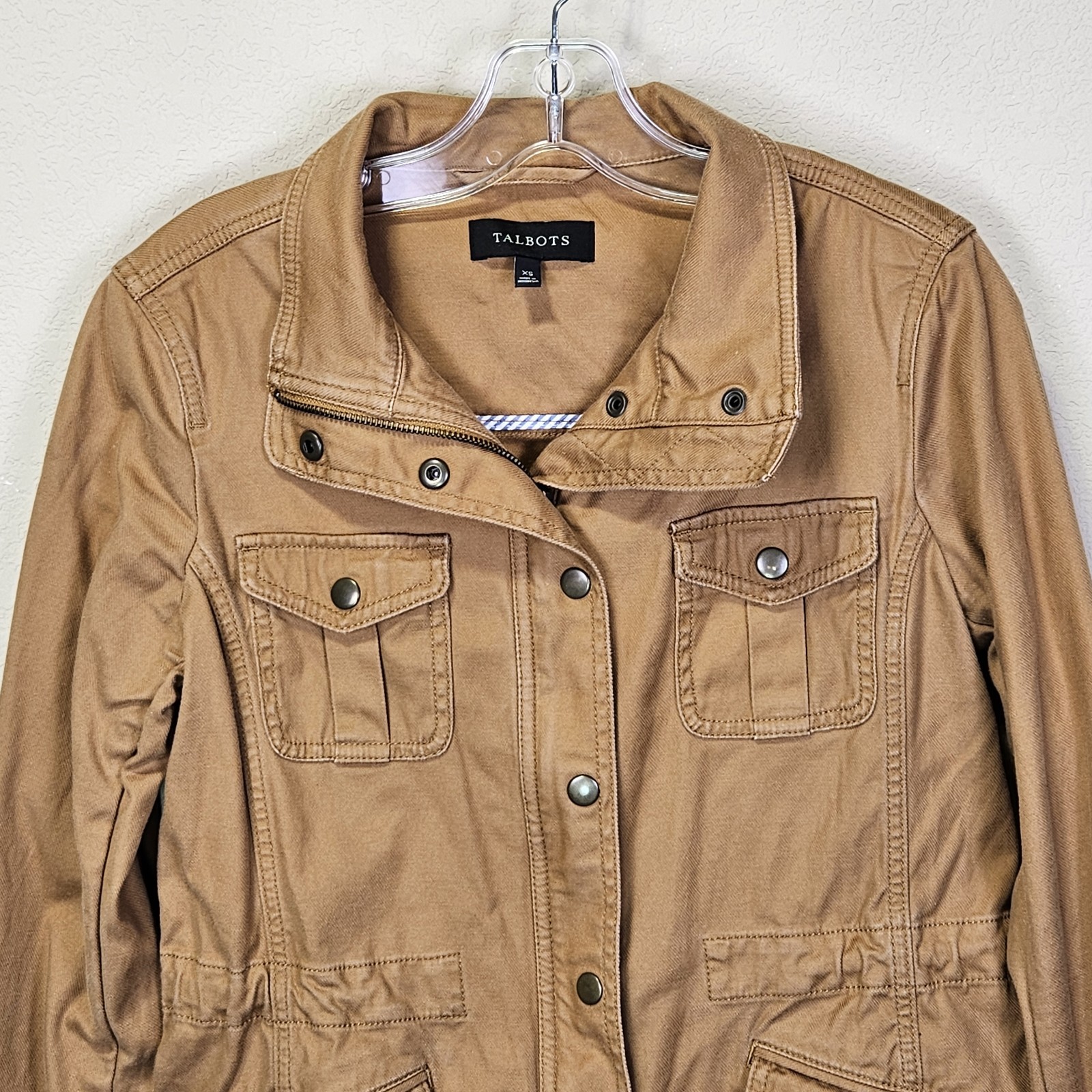 Talbots Safari Jacket Womans XS Camel Brown Twill Cotton Stretch Utility Outdoor