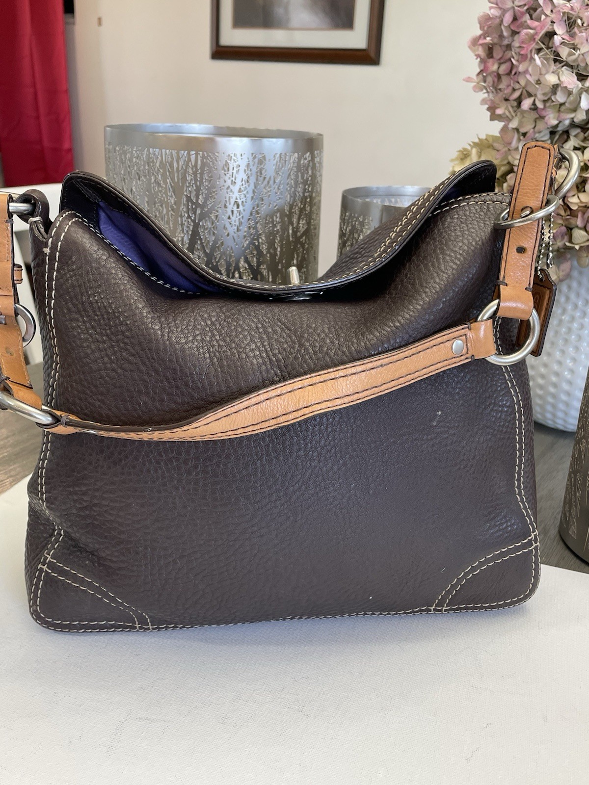 Coach Luxe Dark Brown Pebbled Leather Shoulder Bag Tote Purse w/ Wristlet Set