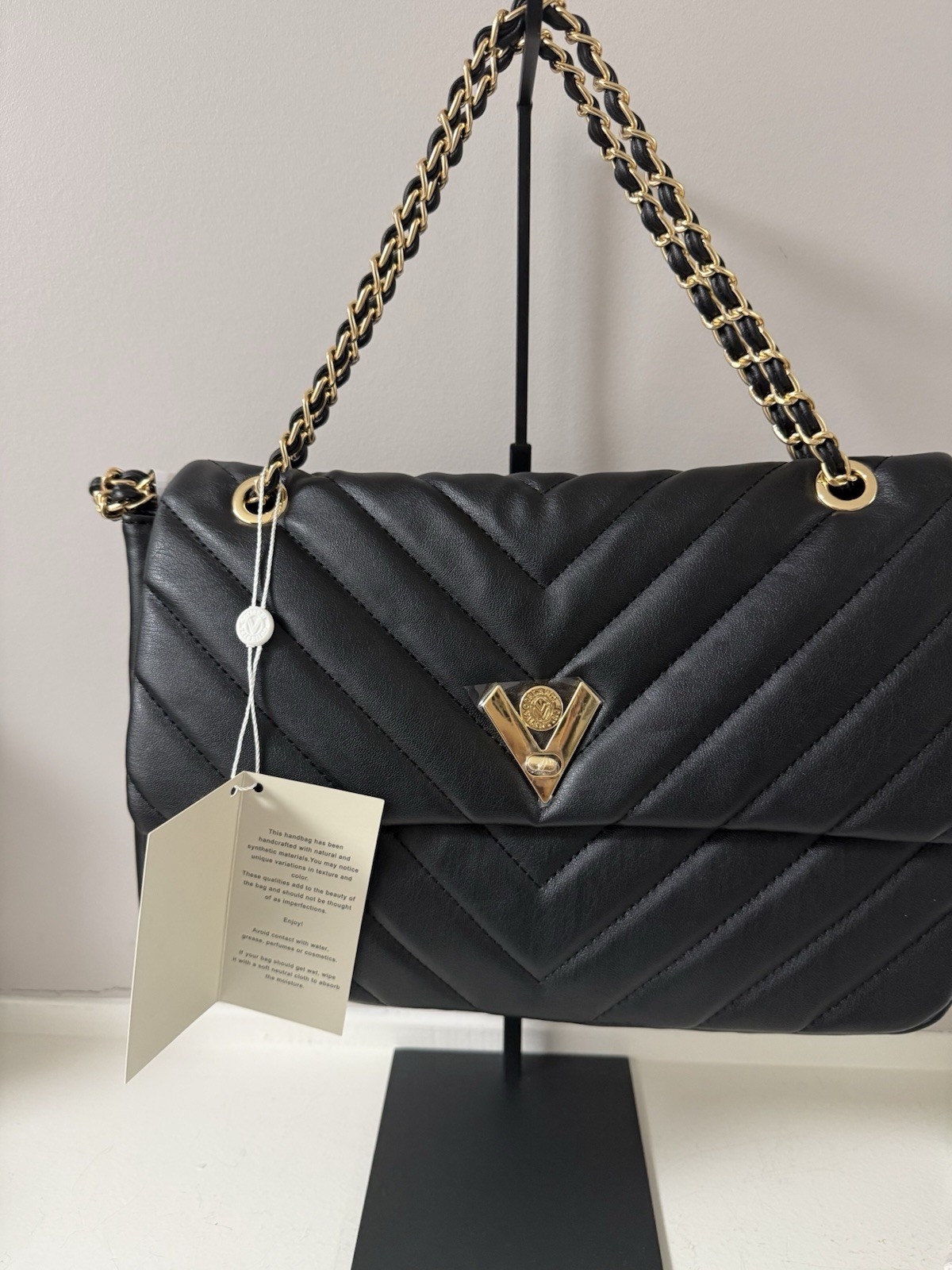 NWT! Valentino Orlandi Black Quilted Shoulder Bag, Chain Strap, Pockets, Gold HW