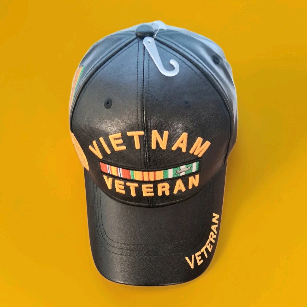 Vietnam Veteran Black PU Leather Baseball Cap Embroidered Adjustable Adult
