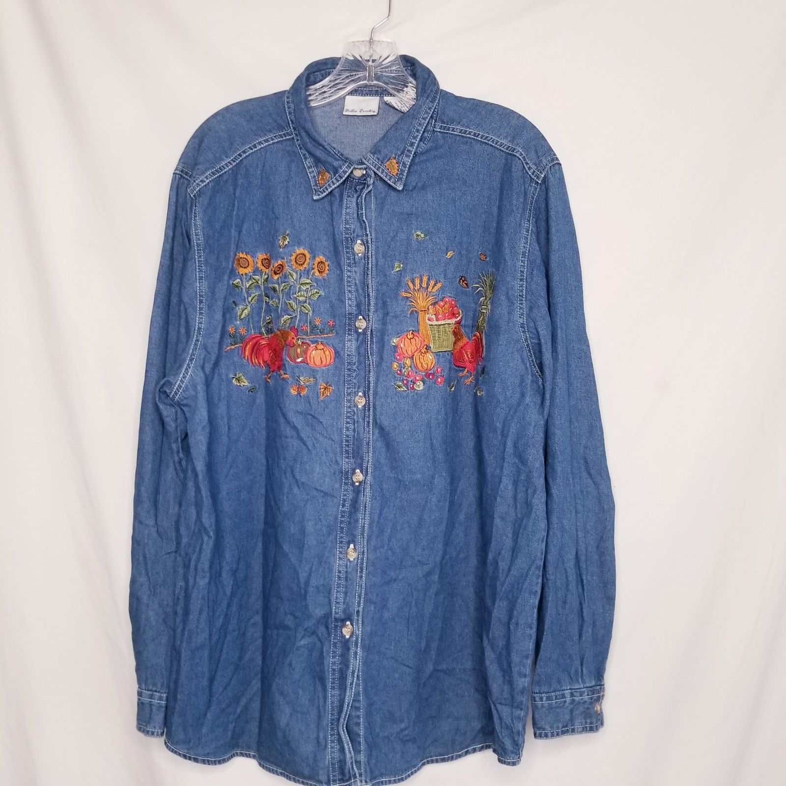 Vtg Bobbie Brooks Denim Button Up Shirt XL Chickens Sunflowers Fall Embroidered