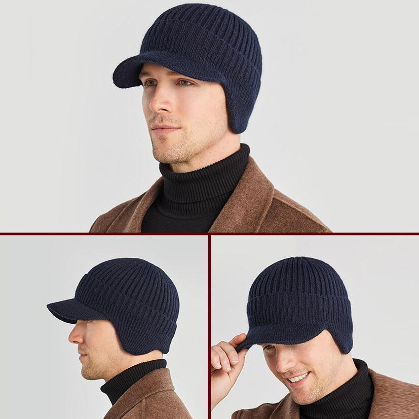 Men Women Knit Hat Winter Warm Stretch Beanie Ear Flaps Cap Outdoor Brim Ski Hat
