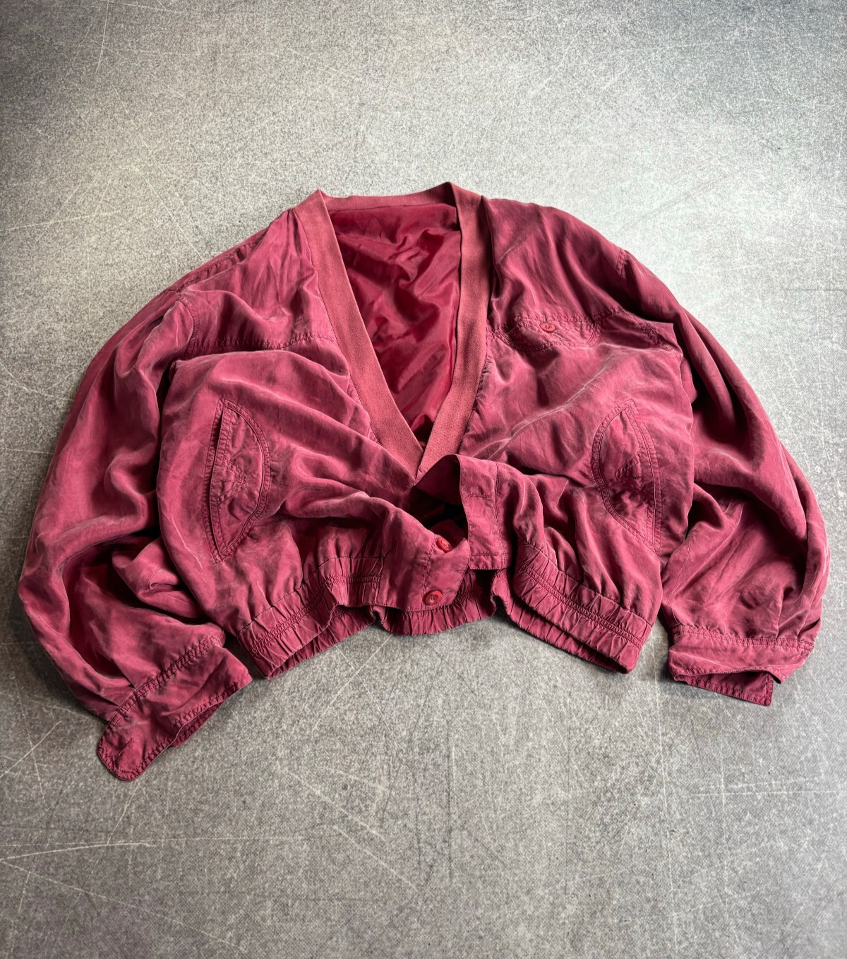 Vintage Y2K 100% Silk Burgundy Cropped Bomber Jacket Balloon Sleeve Avant Garde
