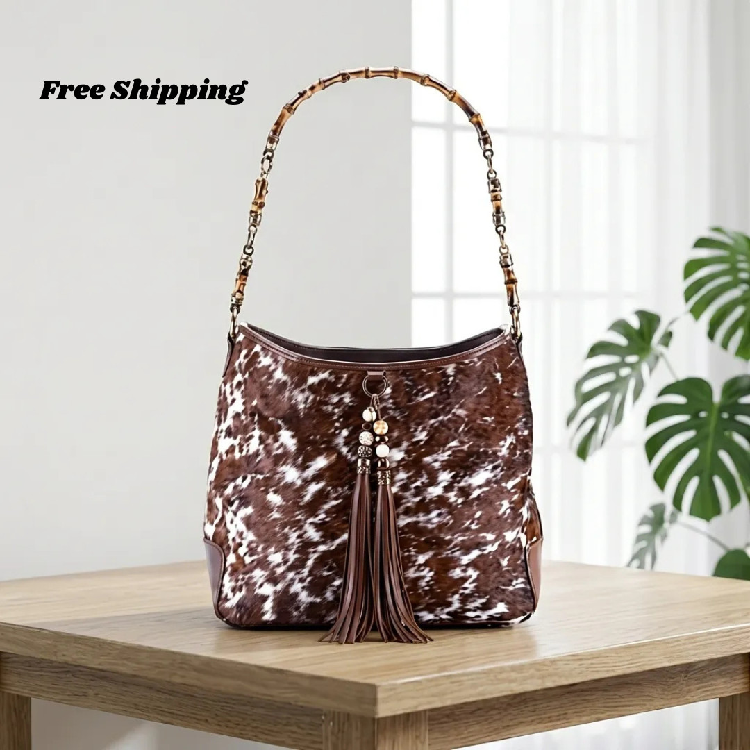 Genuine Cowhide Leather Tote Bag Natural Brown & White Shoulder Handbag Western