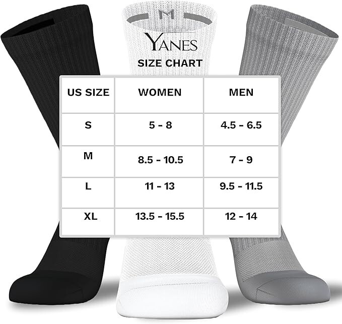 YANES Everyday Cushioned Crew Socks 6-8 / 8-12Socks -6 Pairs,White, Large-Medium