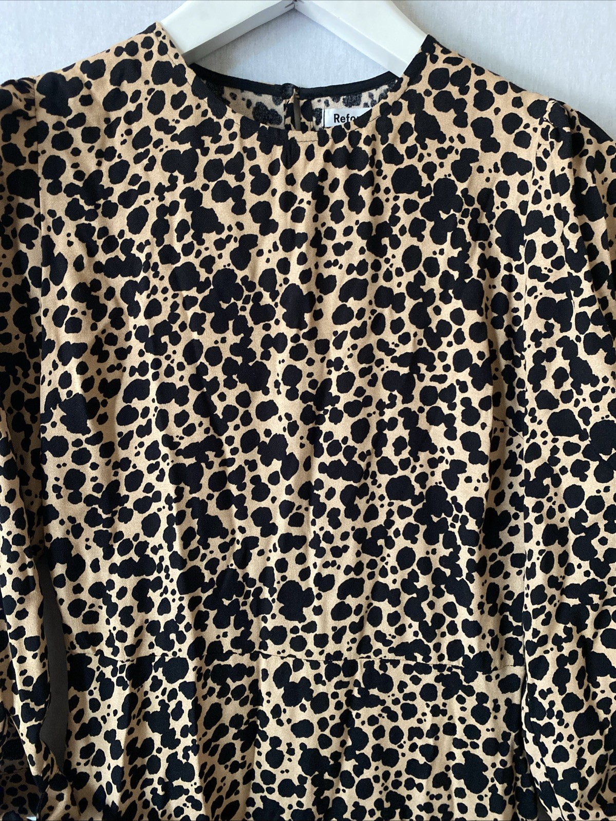 Reformation Port Black & Tan Leopard Print A-Line Tie Sleeve Midi Dress Size 8