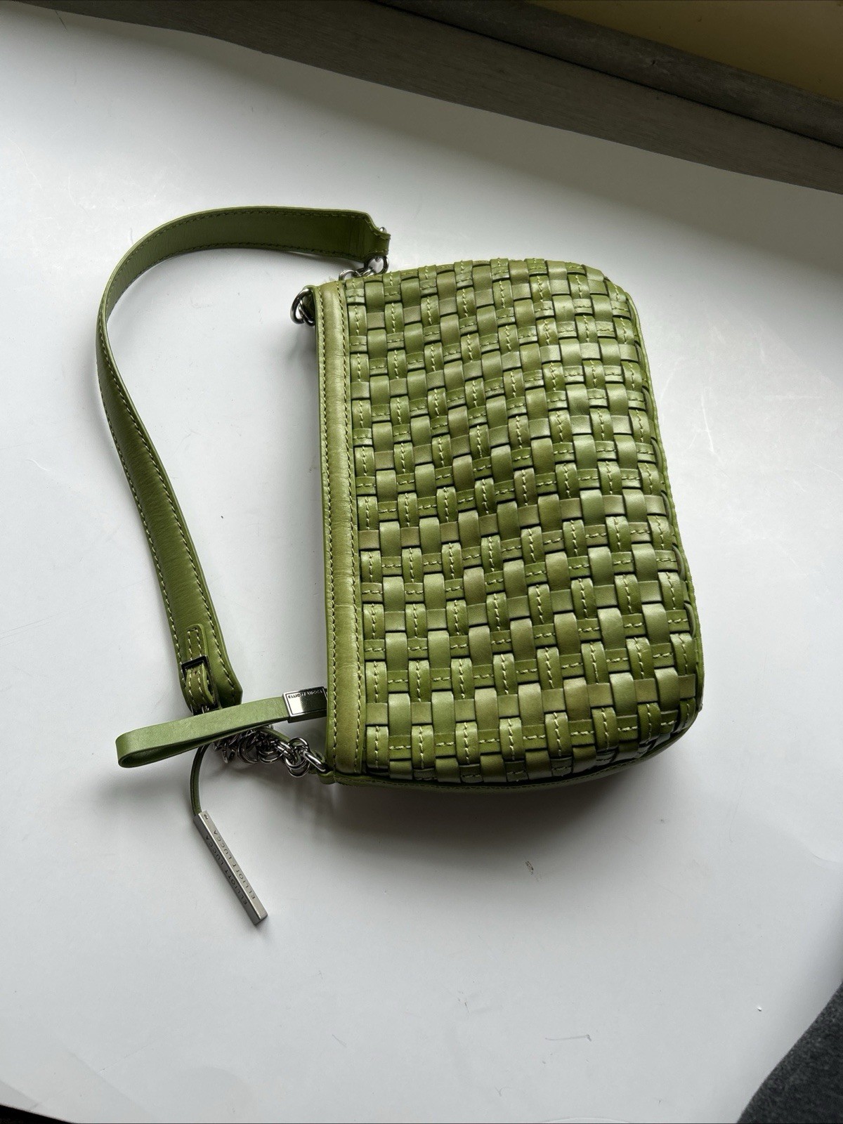 Elliott Lucca Green Woven Zip Shoulder Bag Chain Strap Detachable Lined