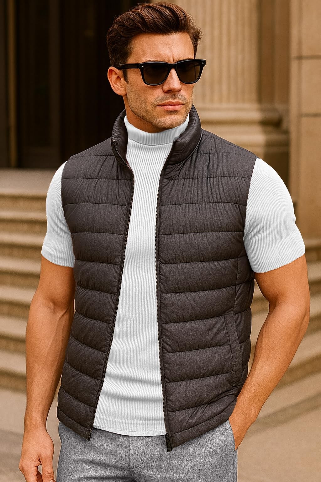 Men Mock Turtle Neck Shirt Slim Fit Short Sleeve Casual Ribbed Monak Turtleneck