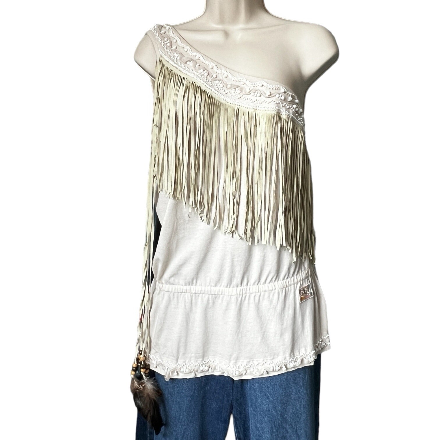 Dolce & Gabbana Vintage One-Shoulder Beaded Feather Top (IT42)
