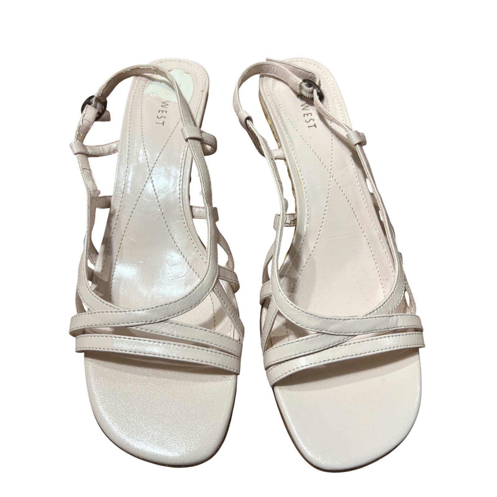 Nine West Essential Pink Leather Strappy Woven Raffia Wedge 7.5M INSOLE PEELINGS