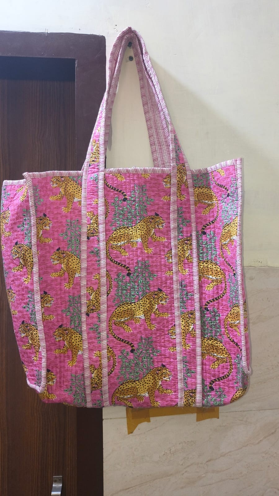Hand Block Print Leopard Tote Bag Quilted Cotton Oversized Shopper Handbag item