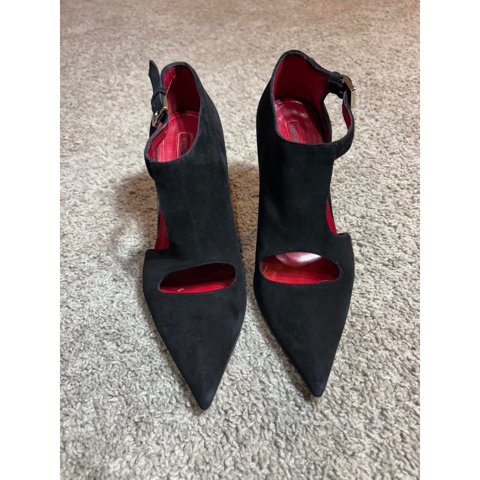 Cesare Paciotti Black Suede PointedToe Cutout Pumps Red Sole Heels Italy Size 37