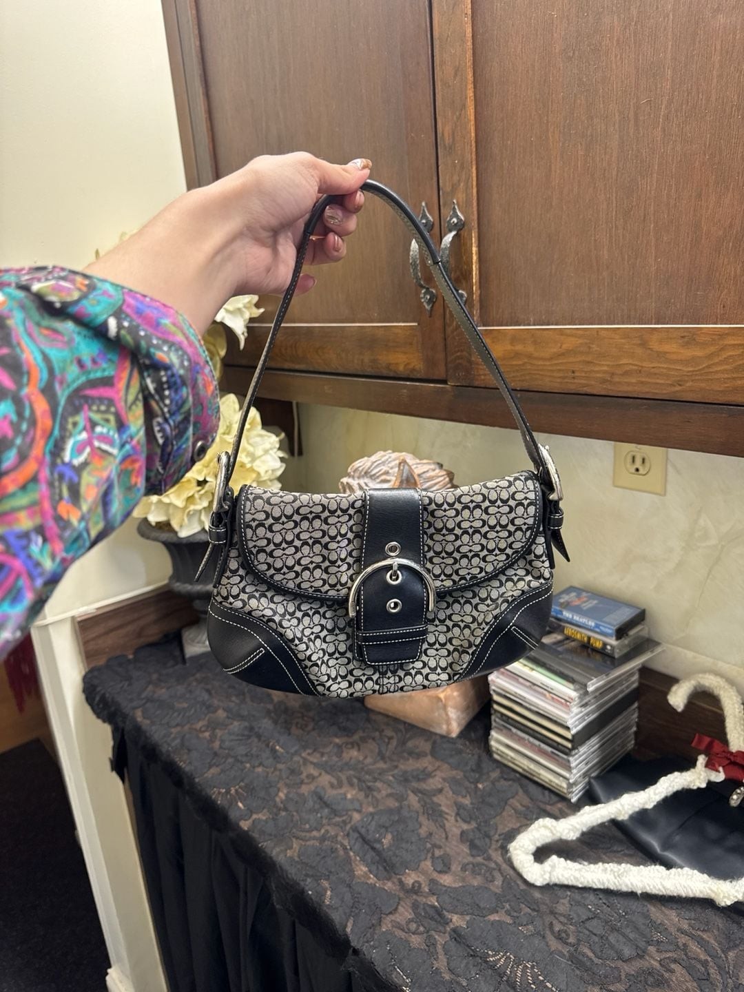 Coach Soho Signature Buckle Flap Bag Black/Grey Canvas 6818