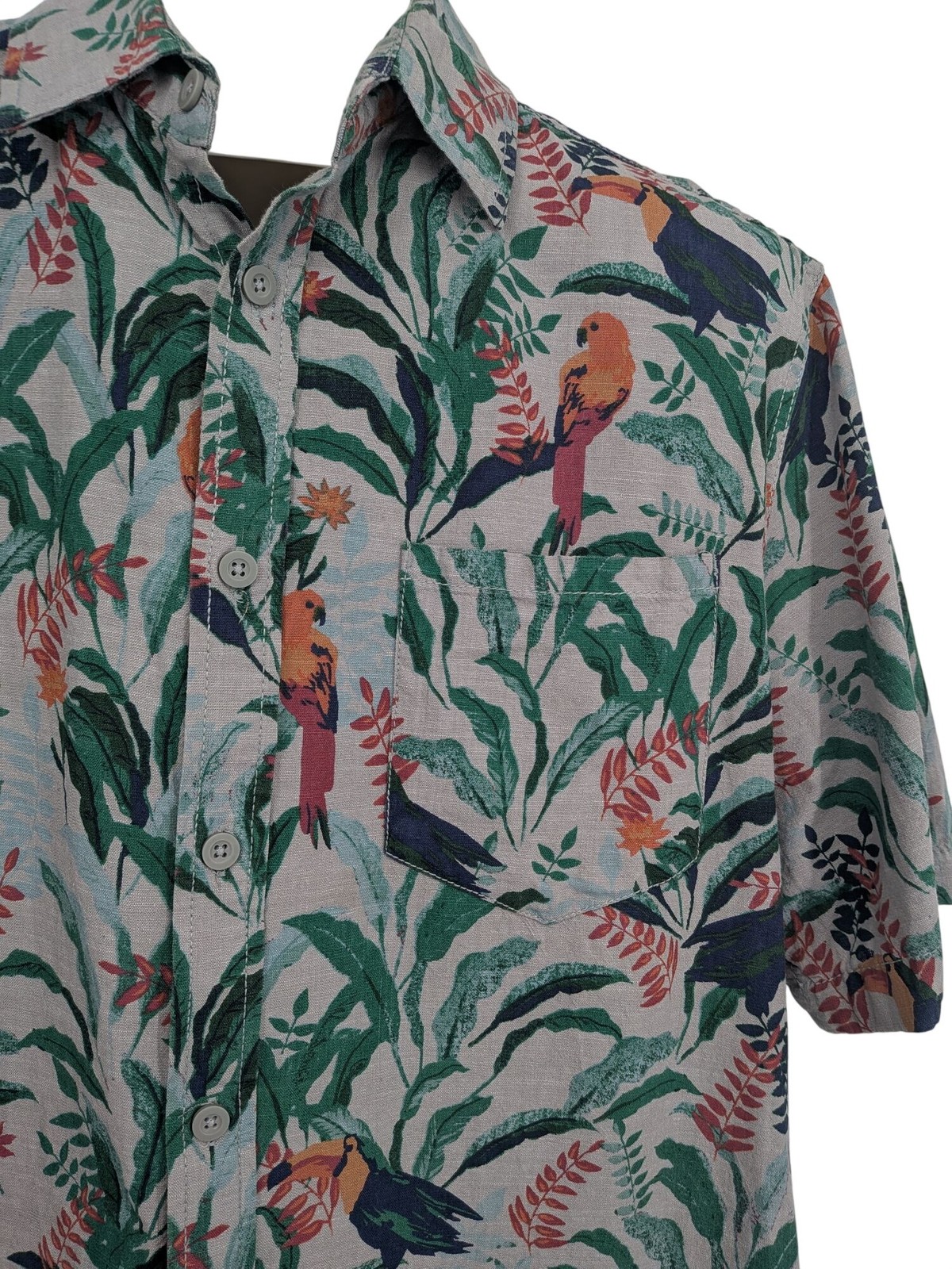 Tropical Print Button Up Shirt Parrot Toucan Vacation Aloha Jungle Resort Large
