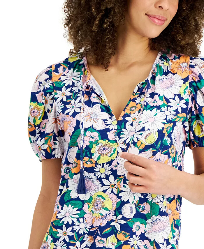 /LX025/ Style & Co Plus Cotton-Blend Mixed Media Top Blue Floral Sz 2X $49.5