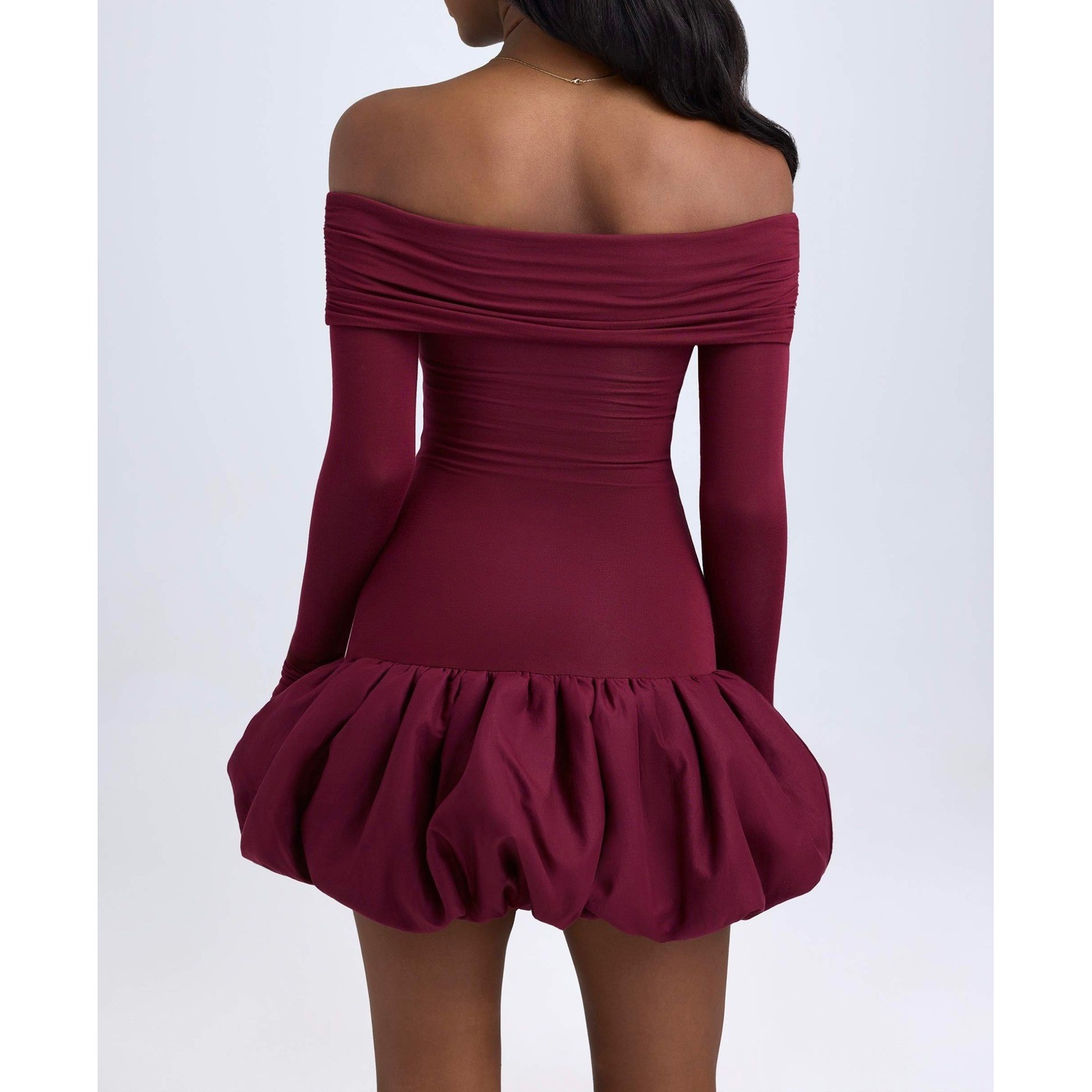 Oh Polly Wine Red Off Shoulder Long Sleeve Bubble Hem Mini Dress XXS Burgundy