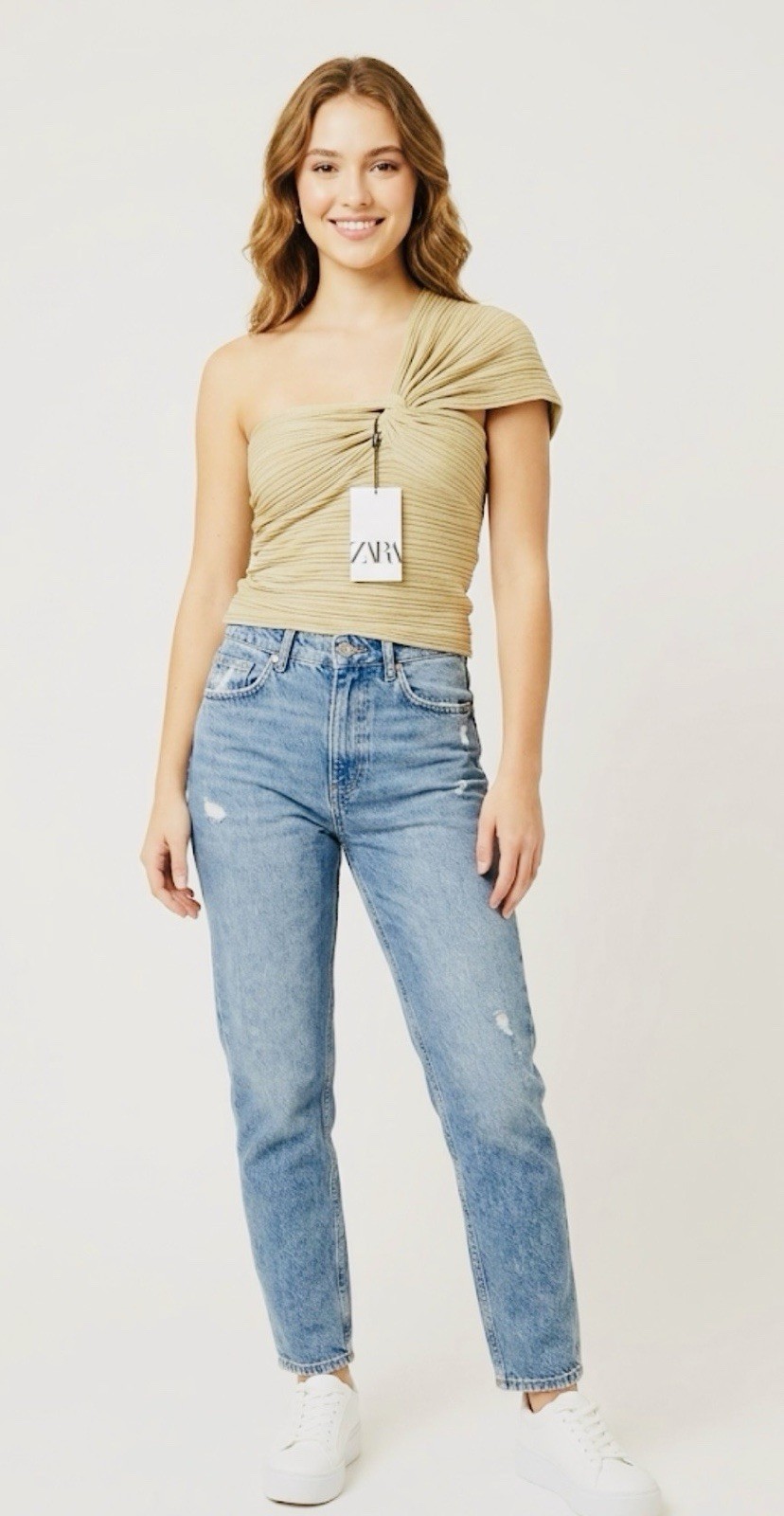 ZARA Khaki Green Asymmetric One-Shoulder Ribbed Knit Top Size M NWT