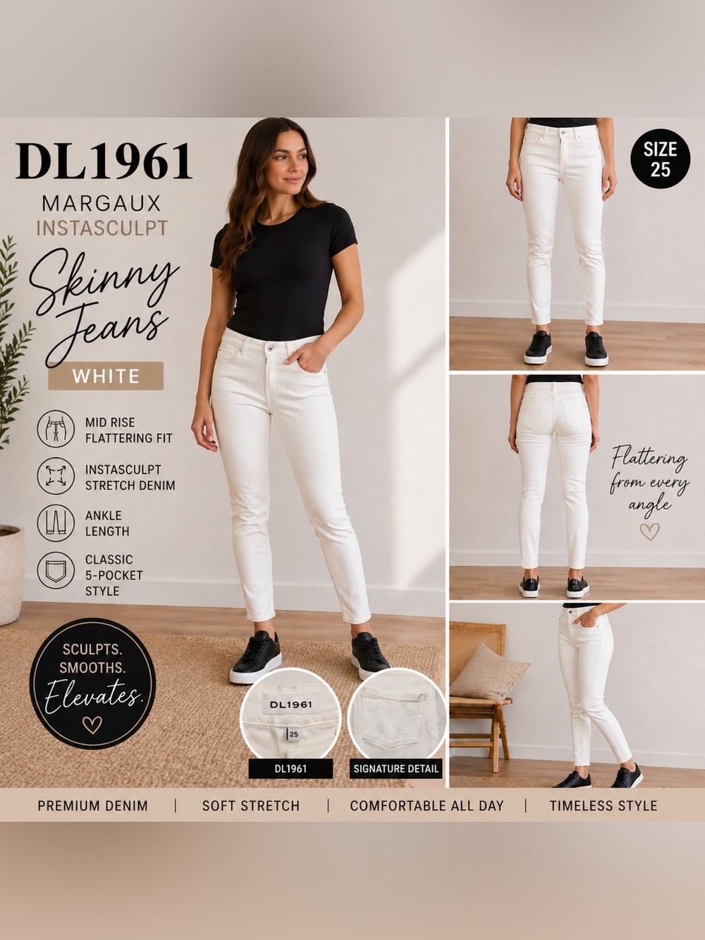 DL1961 Margaux Instasculpt Skinny Jeans White Size 25 Ankle Stretch
