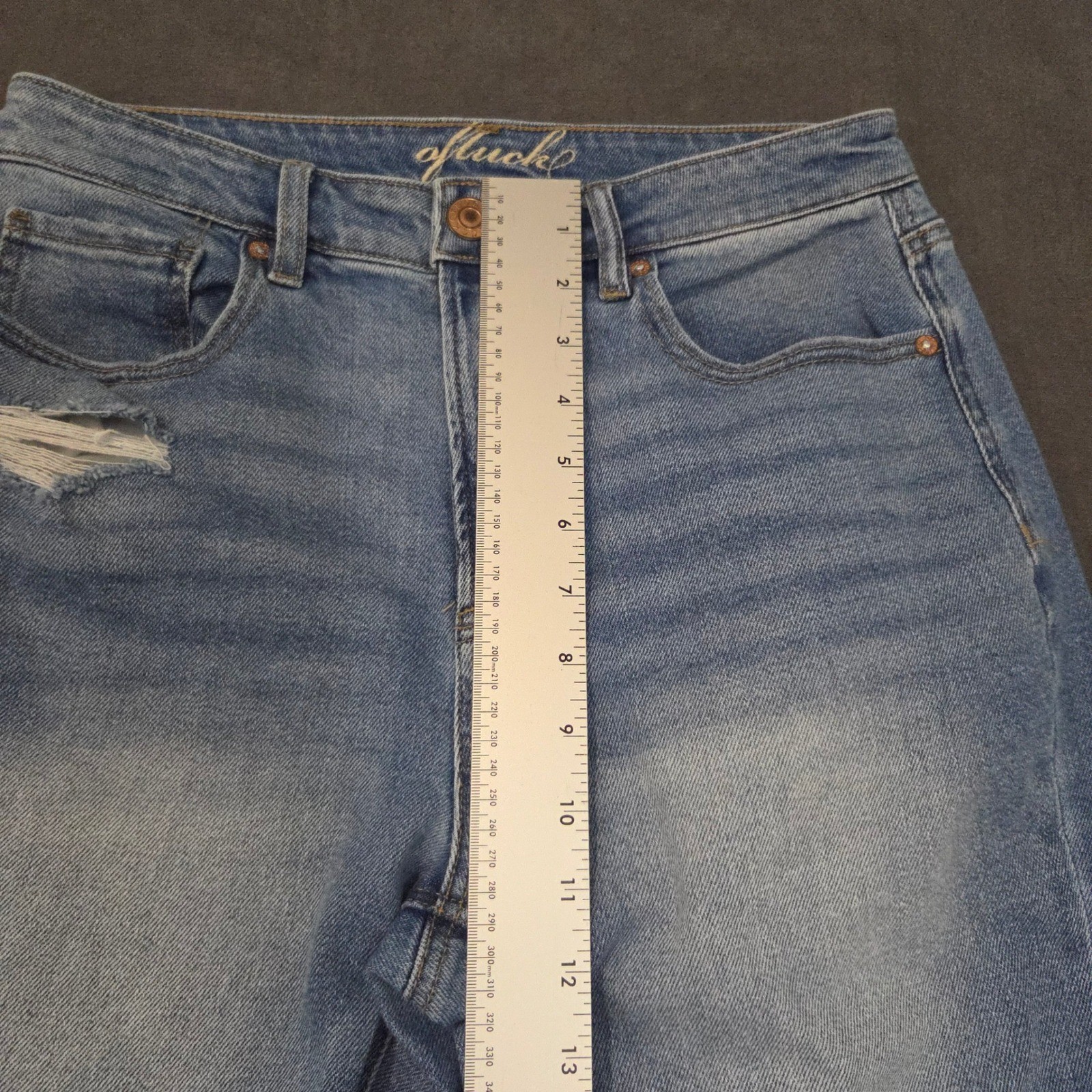 OFLUCK Women Distressed High Rise Straight Leg Jeans Light Wash Raw Hem Size 8