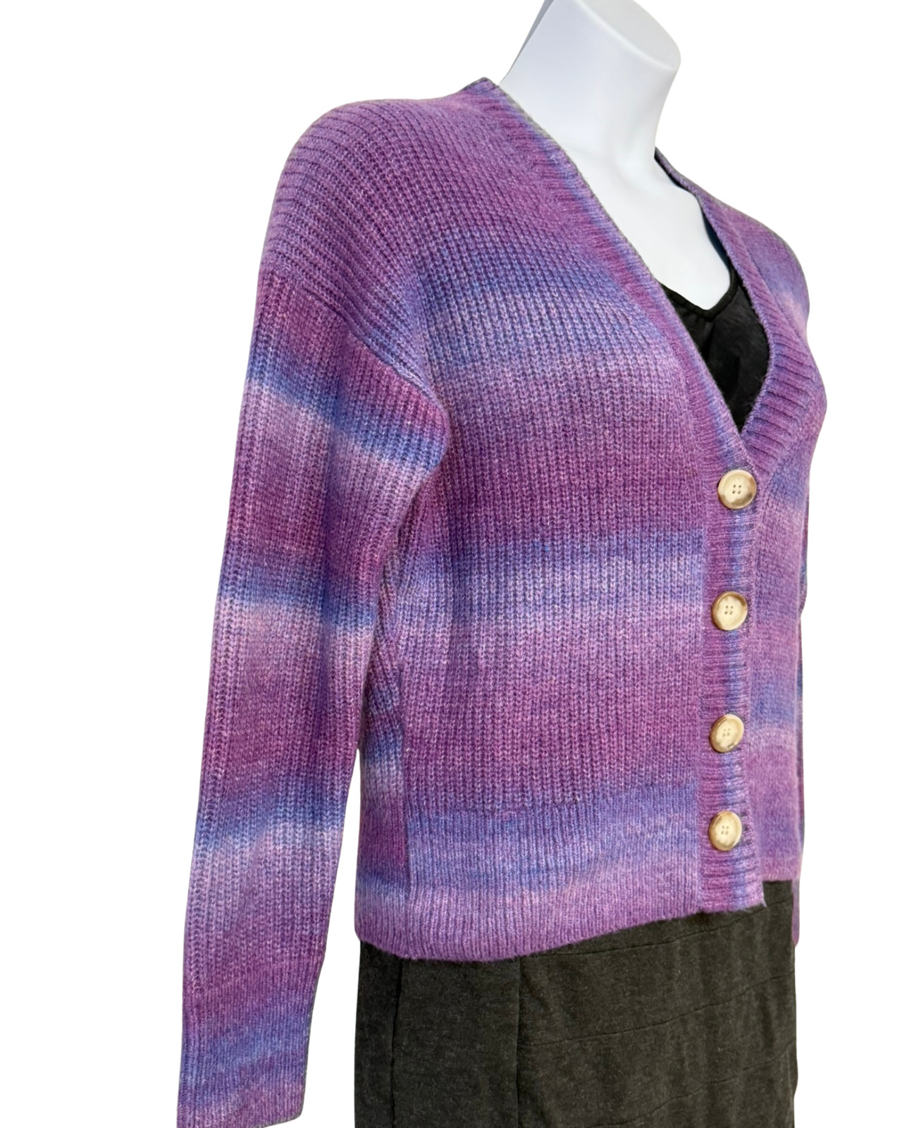 Loft Sz M V-Neck Cardigan Button Front Purple Ombre Stripe Rib Knit Wool Blend
