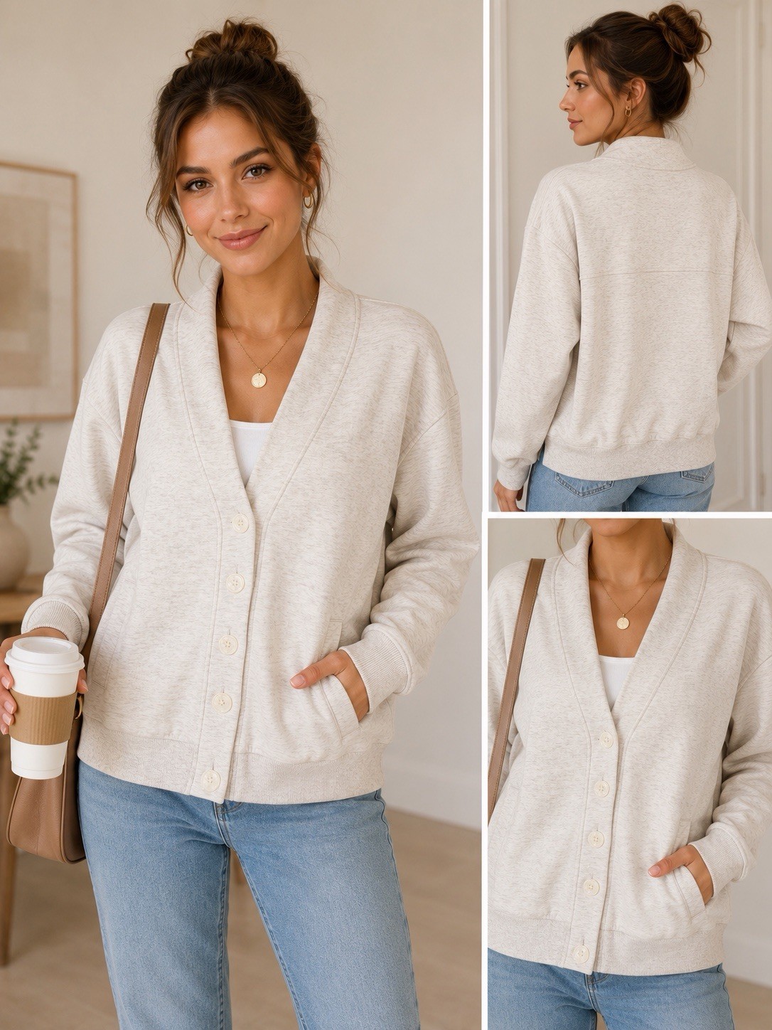 Varley Celeste DoubleSoft Button Through Sweatshirt Cardigan Oatmeal Large L