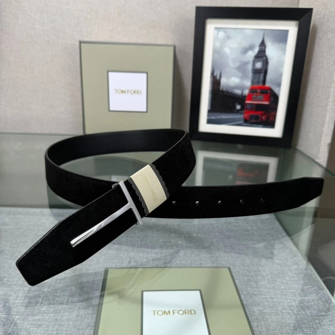 Tom Ford Men’s Black Suede Leather Belt 38mm Silver T Buckle New