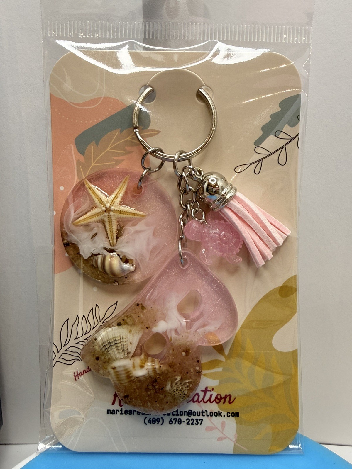 Custom made keychain Beach Theme Baby Pink Resin Keychain.