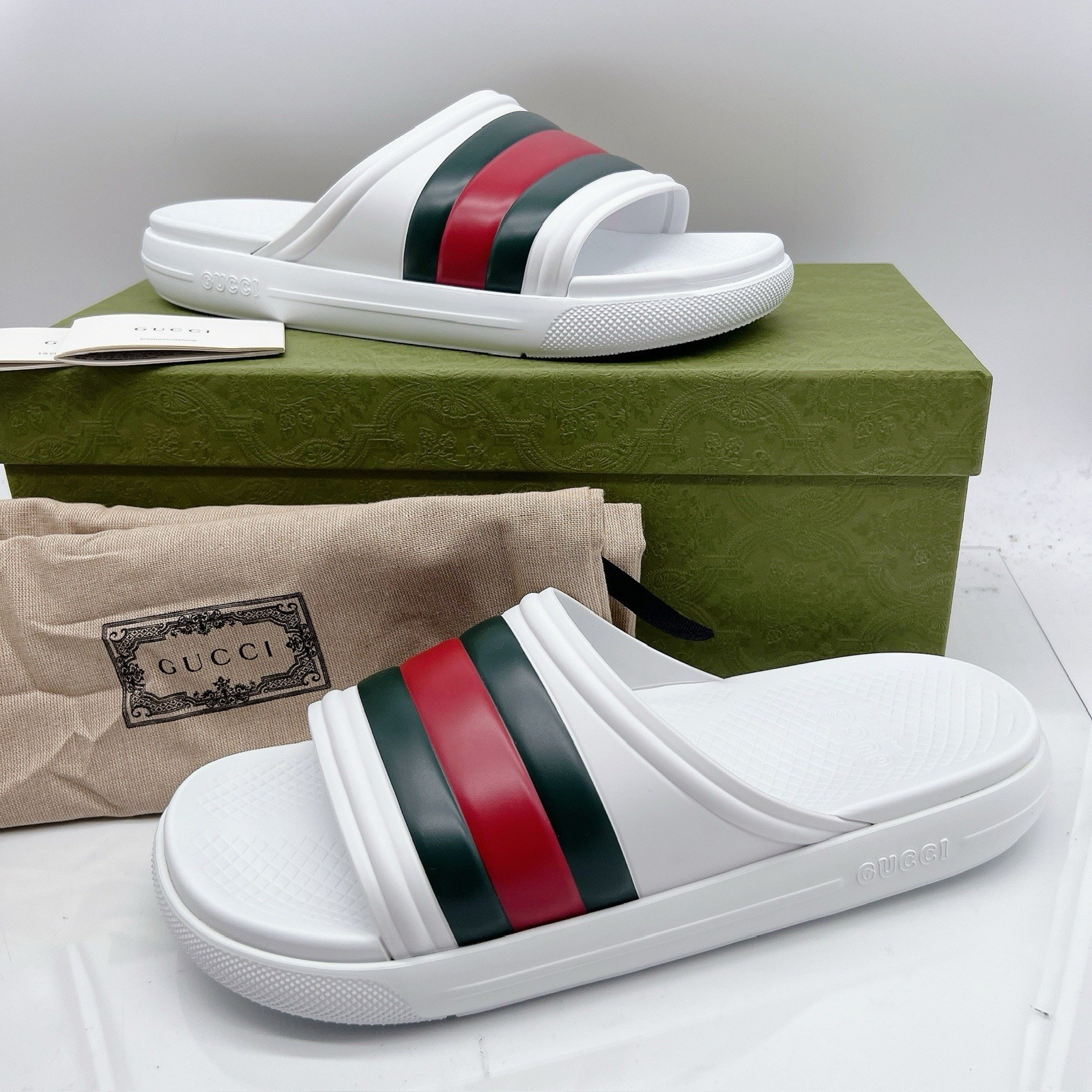 Gucci Men’s Web ACE RUBBER Slide Sandals Pool White UK 13 US 13.5 NEW AUTHENTIC