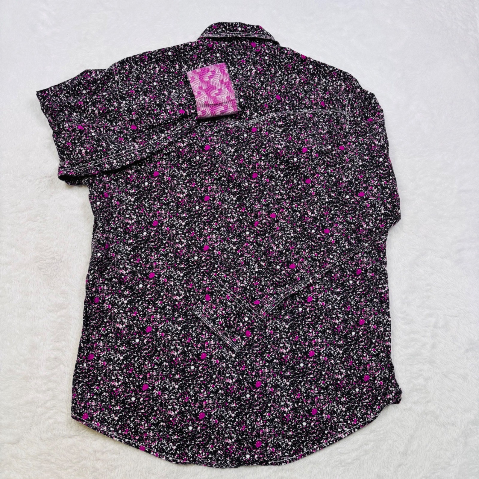 Wrangler 20X Western Shirt Men L Black Pink Paint Splatter Pearl Snap Flip Cuffs