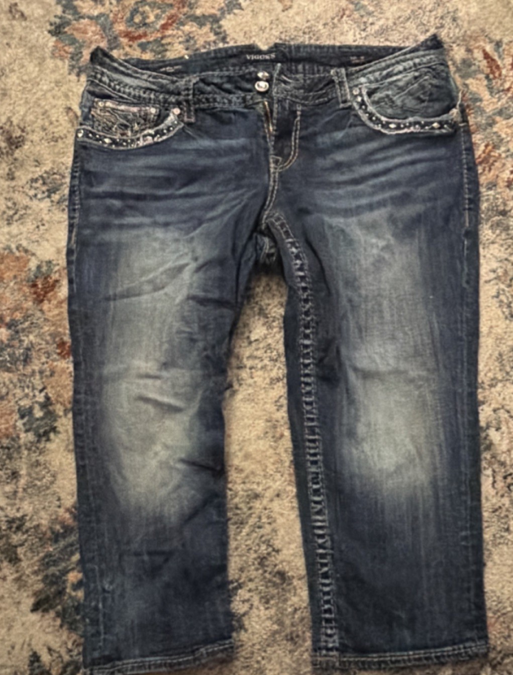 VIGOSS Girls Size 16 Blue Denim Capri Jeans Studded Pockets Medium Wash 21″