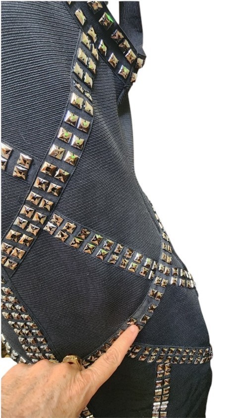 Wow Couture Gold Label Black Studded Bandage Dress Size Large Bondage Goth Punk