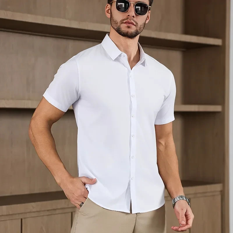 Men’s Business Casual Short Sleeve Shirt Summer Solid Color Top
