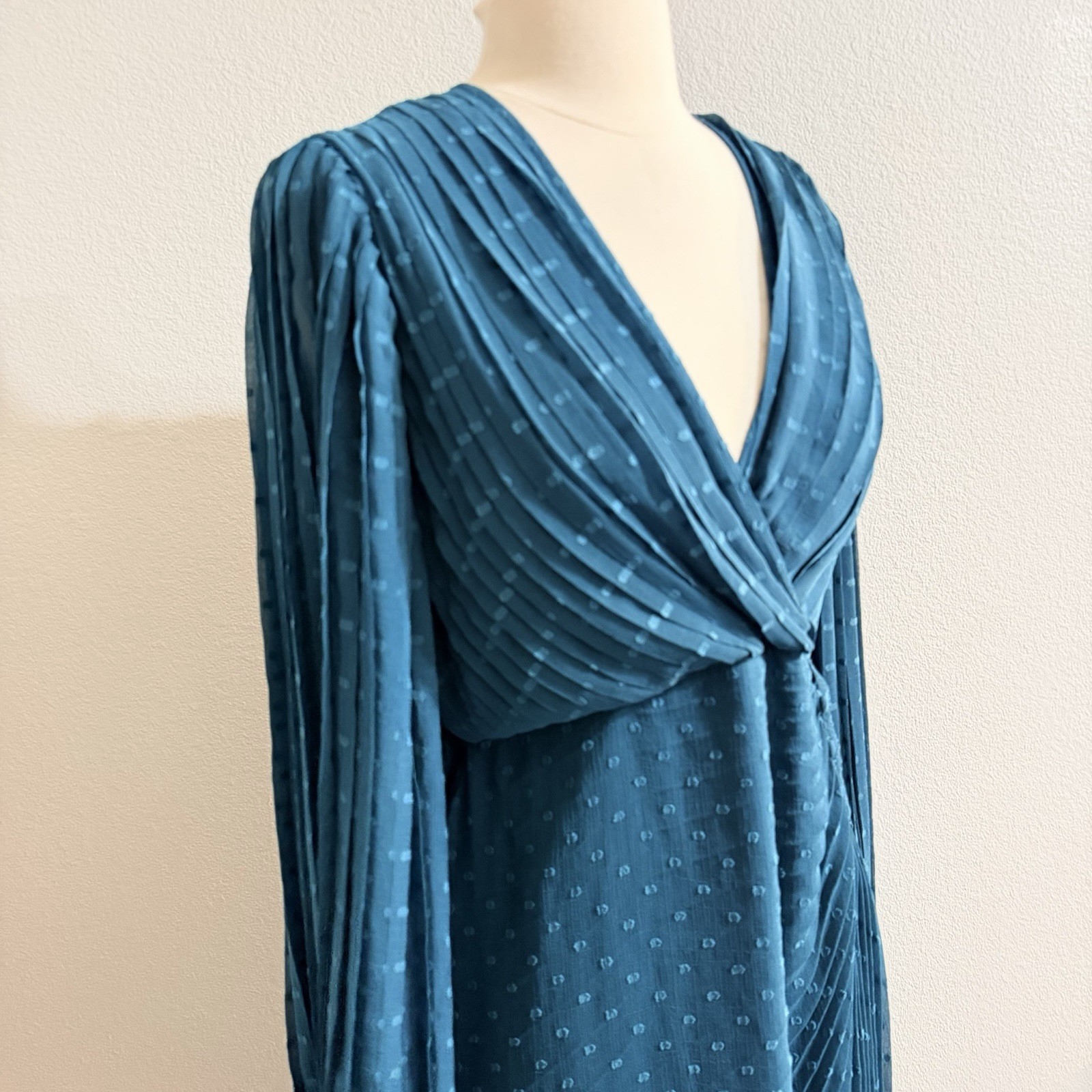 ASOS Design Teal Midi Dress Size 10 Long Sleeve Pleated Swiss Dot Chiffon