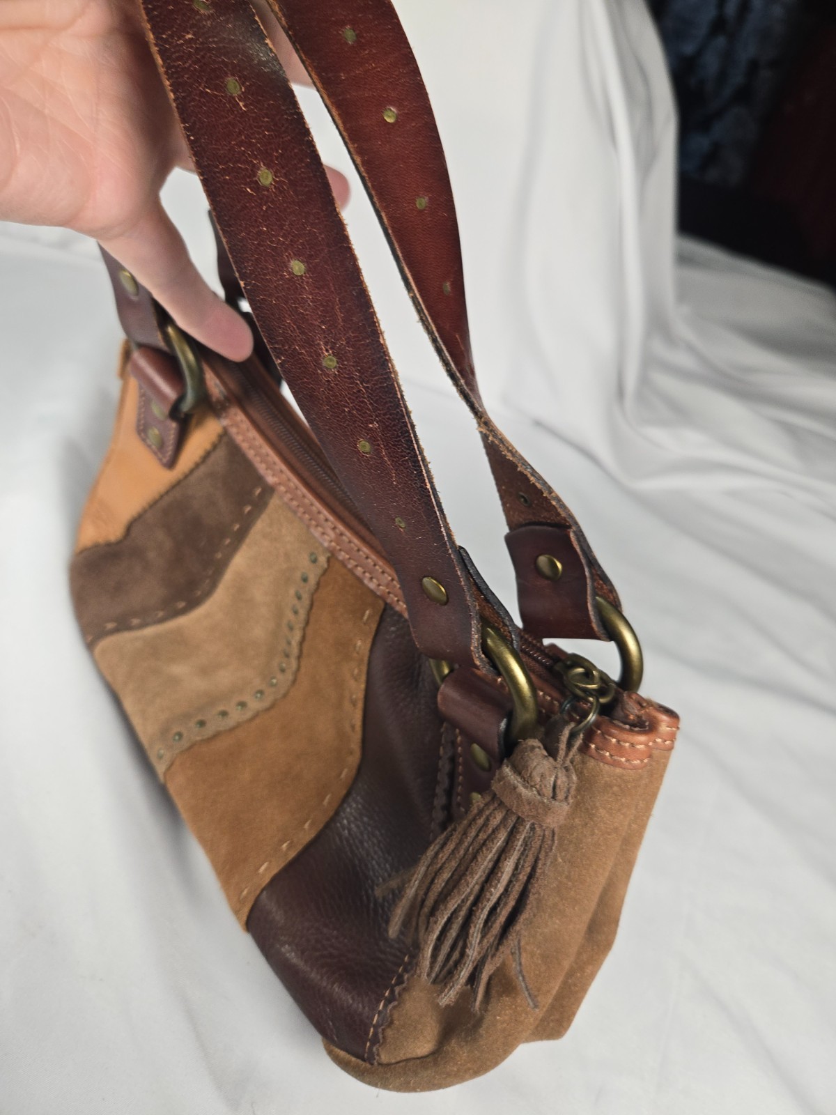Y2K Shoulder Hobo Bag Brown Boho Leather Suede Patchwork Tassel Western Indie