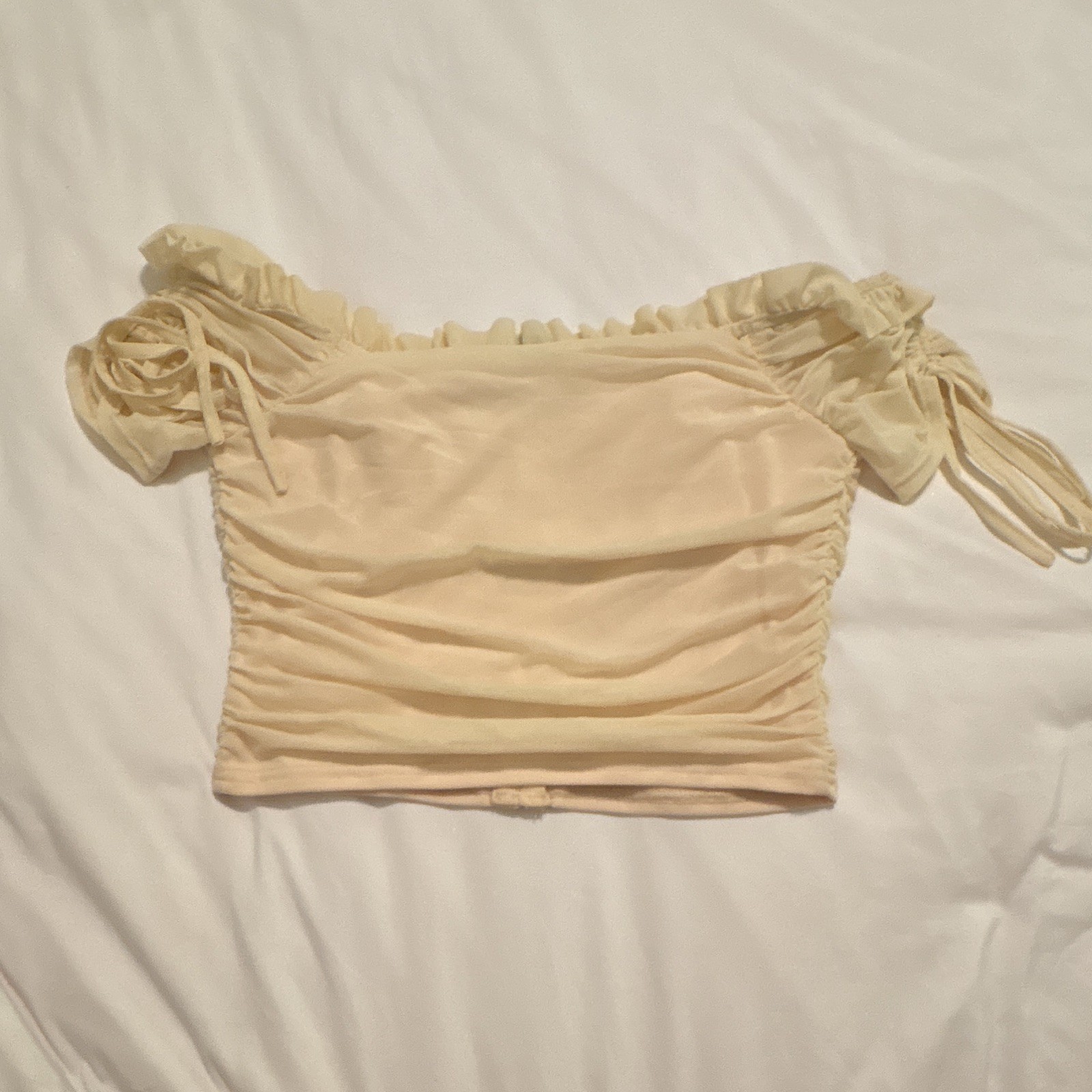 Windsor Beige Off-Shoulder Ruched Cropped Top Mesh Puff Sleeve Stretch M