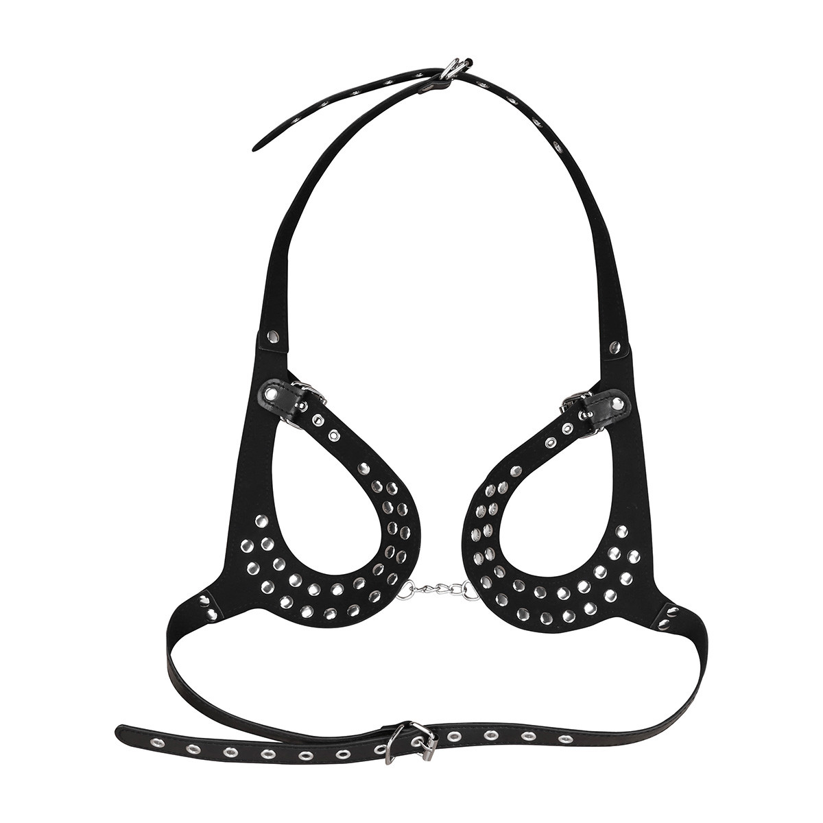 Sexy Womens PU Leather Open Bust Bra LingerieBody Rivets Harness Chain Thong