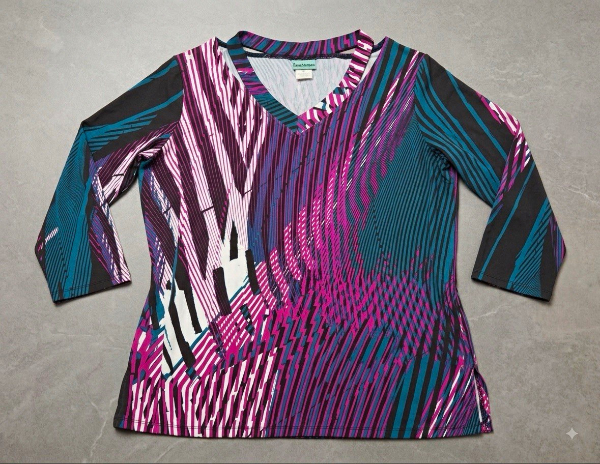 Sara Morgan Multicolor Abstract V-Neck 3/4 Sleeve Pullover Top Womens M