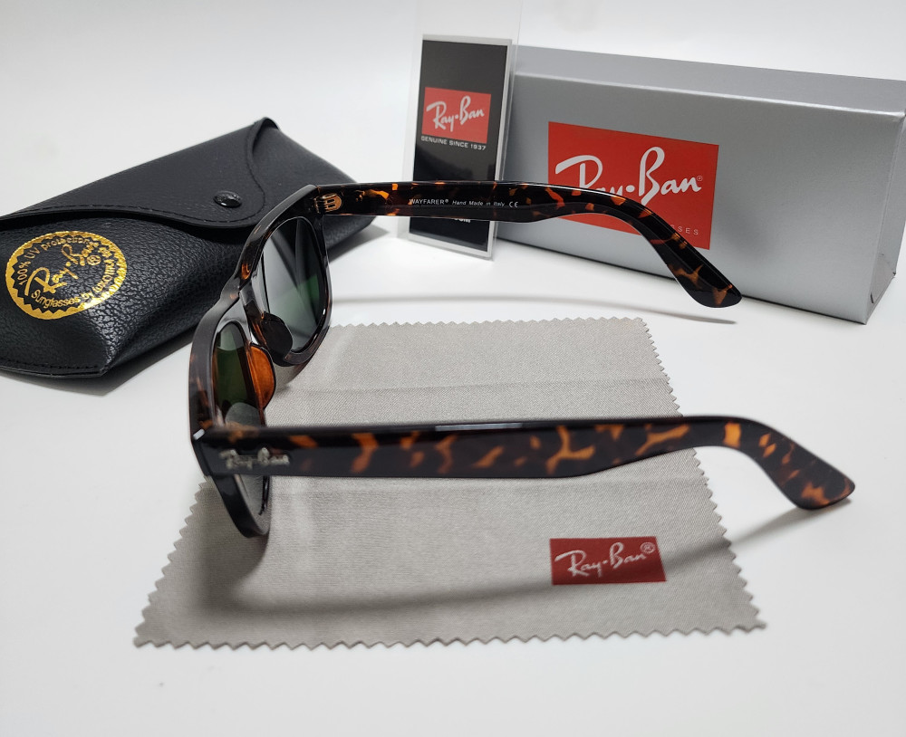 Ray-Ban Wayfarer RB2140 Sunglasses Glossy Black Frame Glass Green Lens 50mm