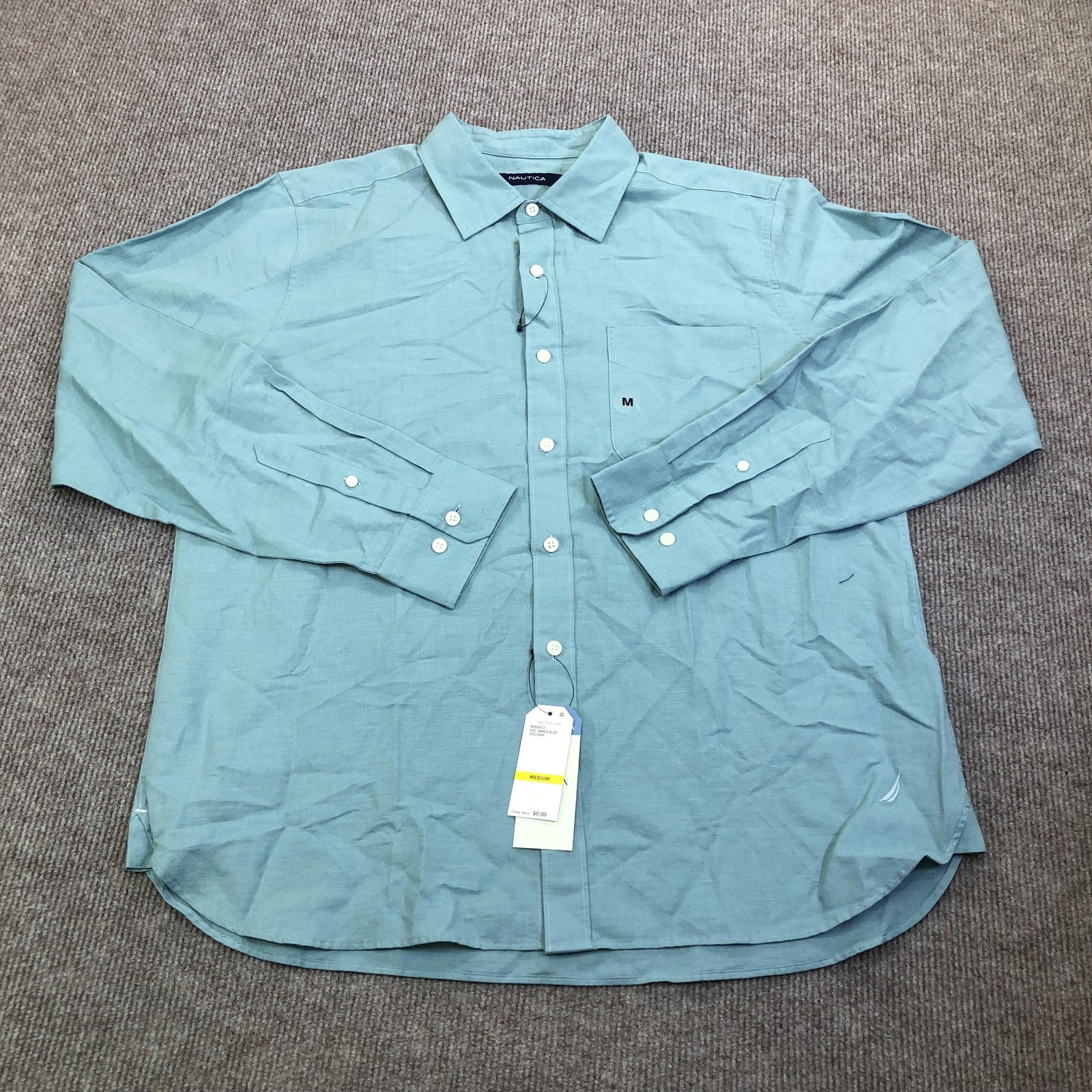 Nautica Shirt Mens Medium Blue Solid Linen Long Sleeve Button Up Pocket Holiday