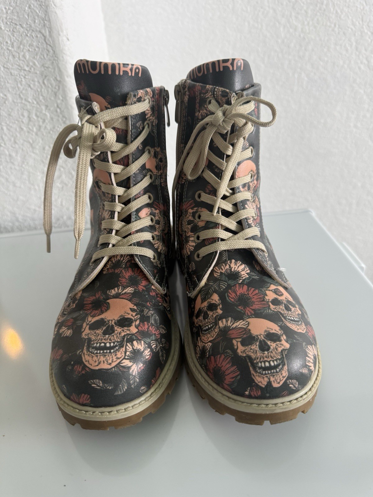 Floral And Skull Combat Boot Zip Side With Front Lace Up Not Leather