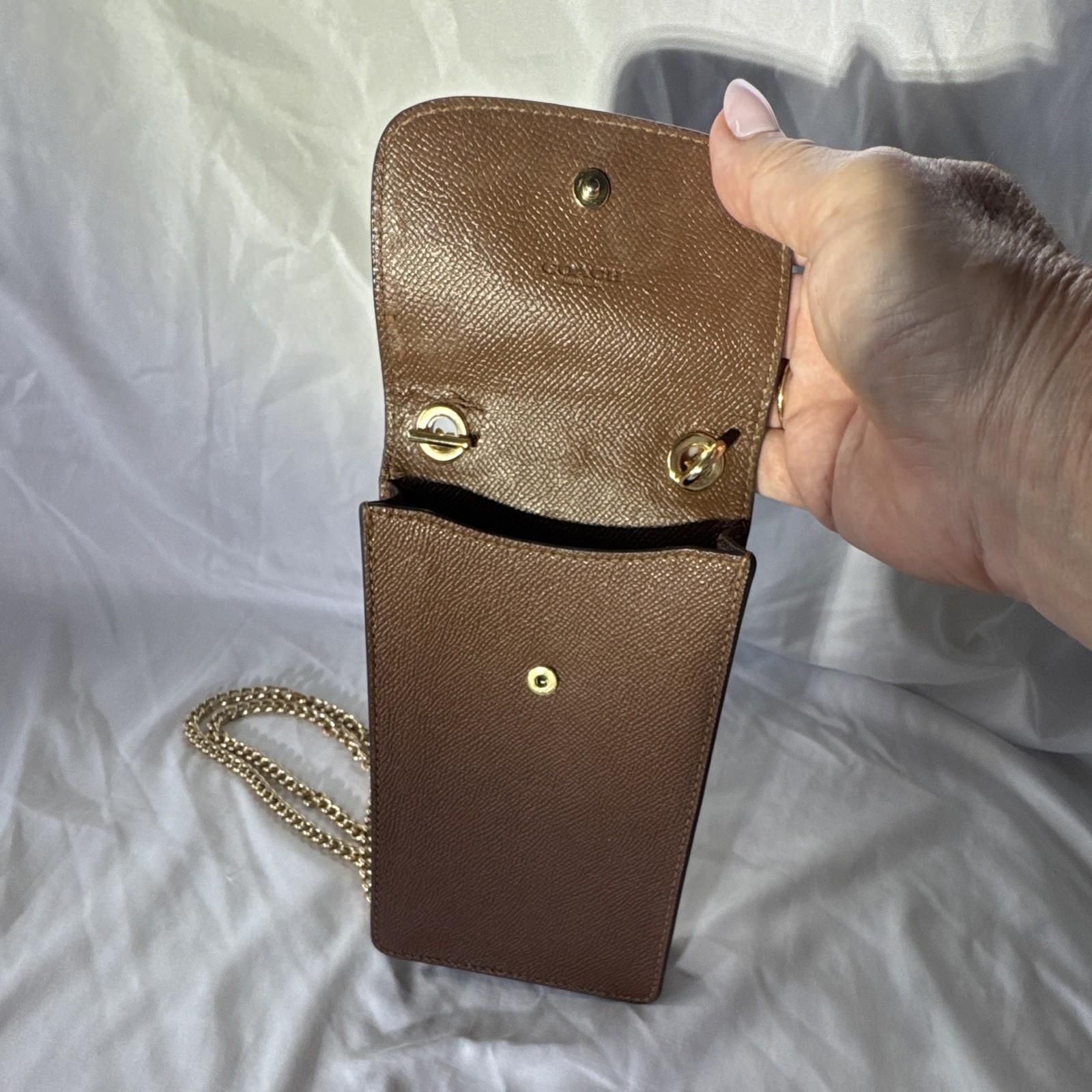 Coach Brown Crossbody Phone Bag, Snap Closure, Gold Chain Strap, Logo Accent
