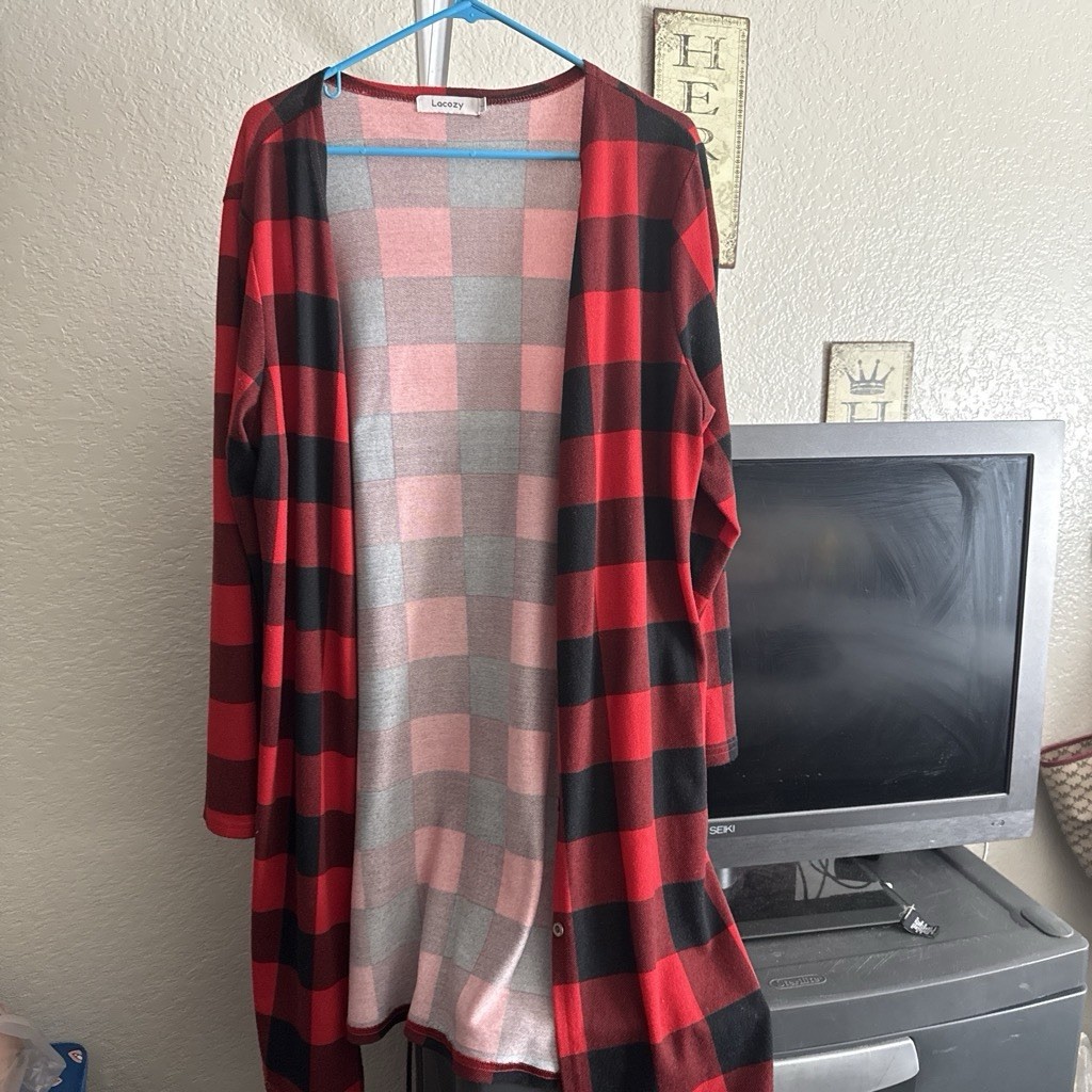 Locozy Women’s S Red/Black Plaid Long Cardigan Jacket Open Front Long Sleeve