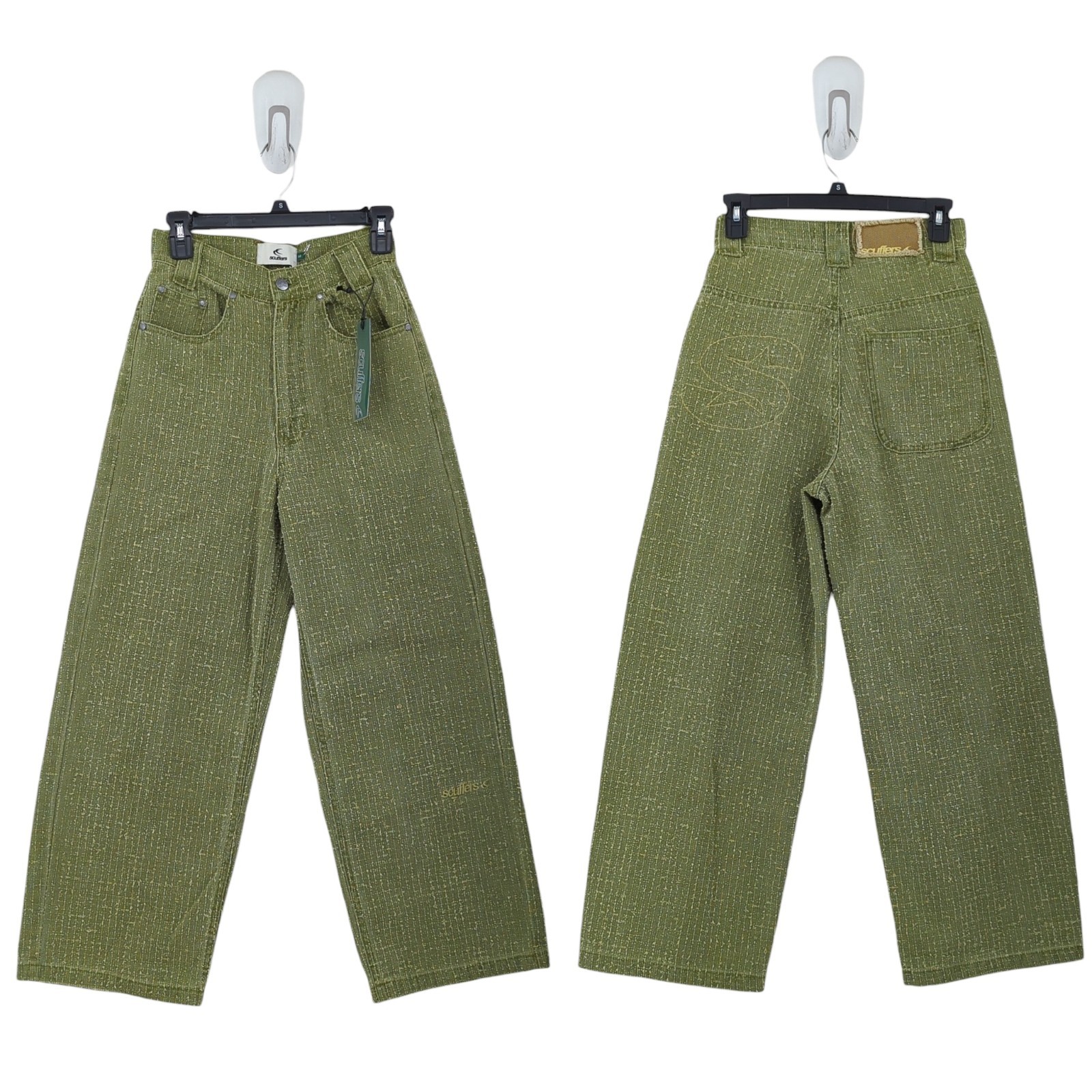 Scuffers Women EU 32 US 23 Ripstop Pants Green Wide Leg Textured High Waist NEW