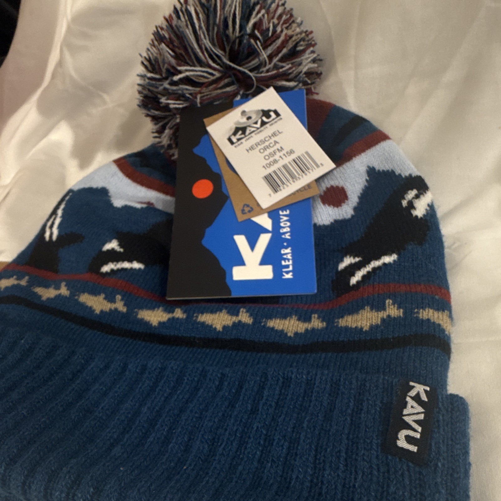 KAVU Orca Fair Isle Pom-Pom Beanie Hat Blue Black White Red One Size Men’s