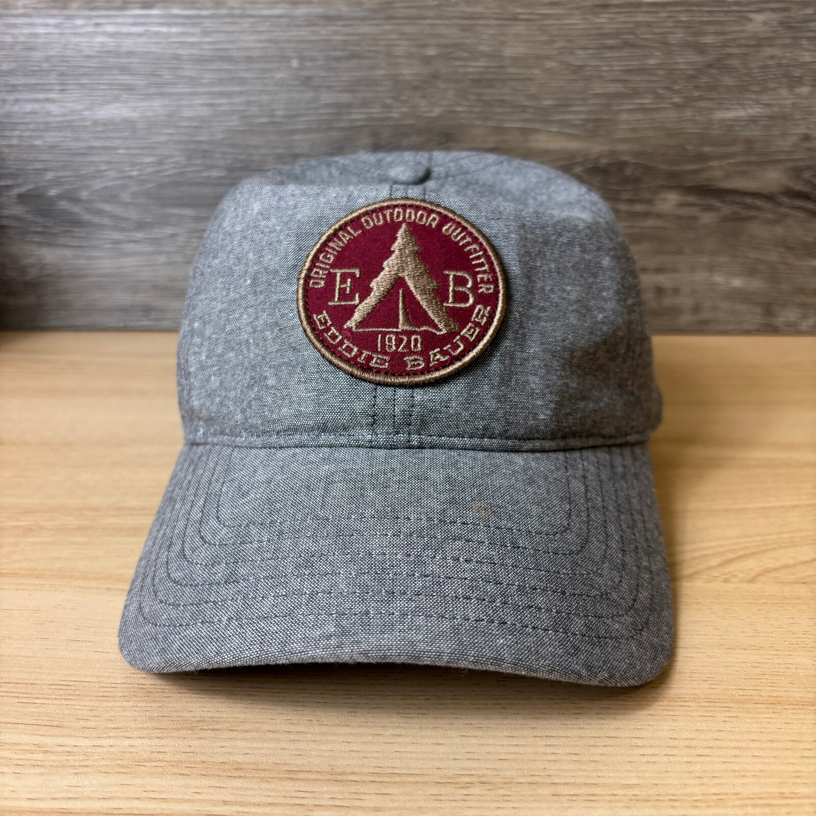 Eddie Bauer Hat Cap Strap Back Gray Camping Hiking Vintage Logo Outdoors
