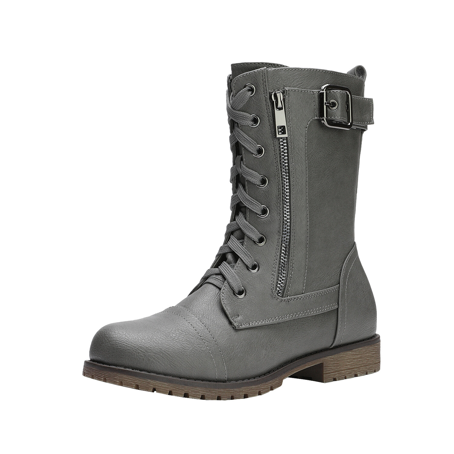 Women Winter Faux Fur Mid Calf Lace Up Military Combat Boots